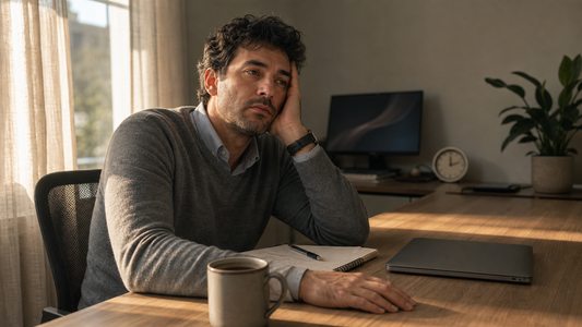 A tired professional slumped at a desk in the mid-afternoon — the 3 PM energy crash.