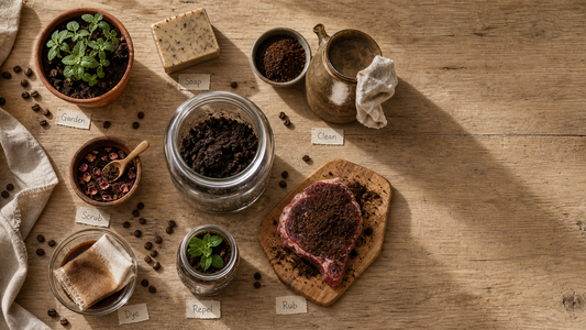 Seven practical uses for spent coffee grounds shown as a zero-waste flat lay with herbs, soap, brass, scrub, dye, and labels.