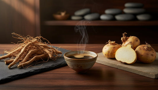 Whole ashwagandha and maca roots beside a small espresso on dark slate and weathered wood — a head-to-head botanical comparison for stress.