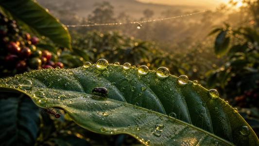 Macro coffee plant leaf with dew, tiny beetle, coffee cherries, mist, and dawn plantation light.