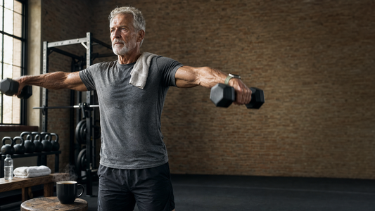 Senior athlete lifting dumbbells in a home gym with coffee nearby, natural window light, and focused training energy.