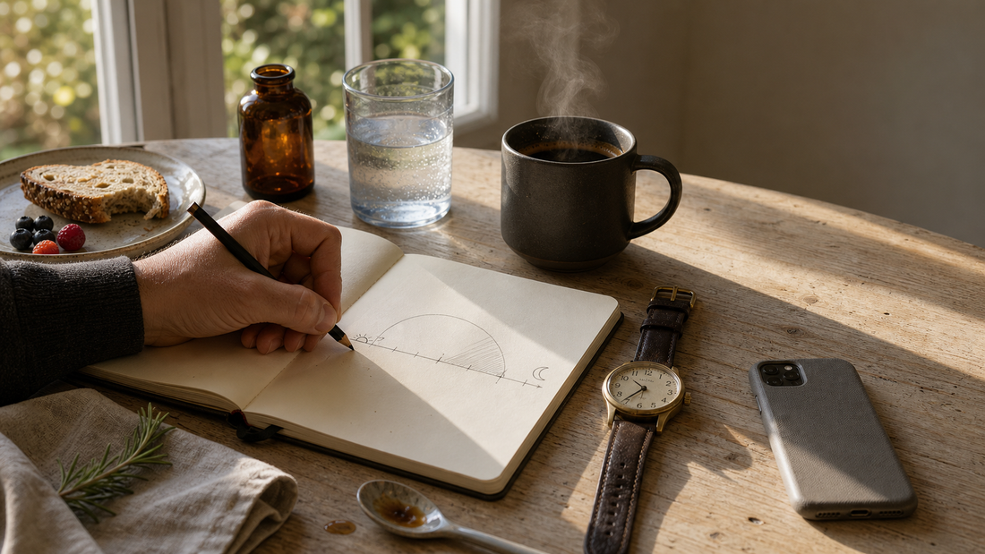 Morning coffee literacy scene with a mug, notebook, water glass, analog watch, and caffeine planning notes on a sunlit kitchen counter.