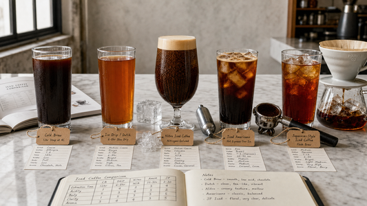 Coffee Academy hero image illustrating Do You Know the Differences? Cold Brew, Ice Drip, Nitro Iced Coffee, Iced Americano, Japanese-Style Iced Coffee with specialty coffee equipment, brewing context, and educational detail.