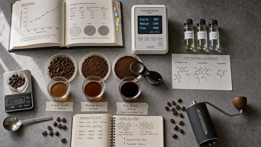 Coffee Academy hero image illustrating Finer Coffee Grounds, Higher Antioxidant Content with specialty coffee equipment, brewing context, and educational detail.