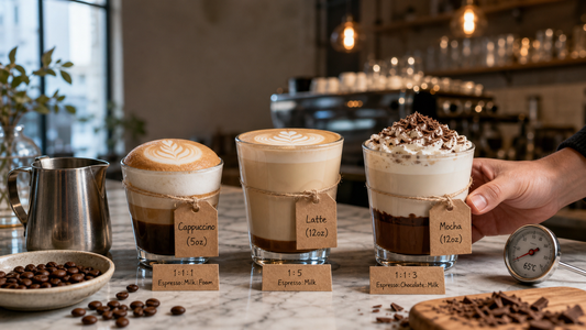 Coffee Academy hero image illustrating Latte, Mocha, Cappuccino - What’s the Difference? with specialty coffee equipment, brewing context, and educational detail.