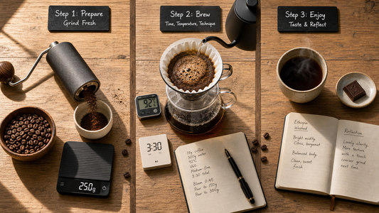Coffee Academy hero image illustrating The 3 Essential Steps for Brewing Coffee with specialty coffee equipment, brewing context, and educational detail.
