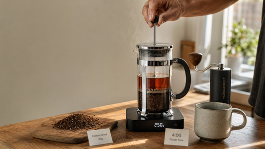 Coffee Academy hero image illustrating Coffee Brewing Method 1: French Press with specialty coffee equipment, brewing context, and educational detail.