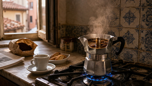 Coffee Academy hero image illustrating Coffee Brewing Method 5: Moka Pot with specialty coffee equipment, brewing context, and educational detail.