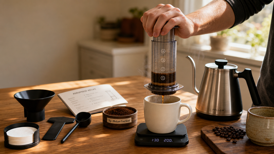 Coffee Academy hero image illustrating Coffee Brewing Method 6: AeroPress with specialty coffee equipment, brewing context, and educational detail.