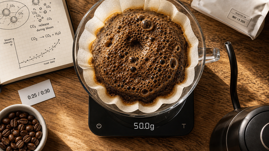 Coffee Academy hero image illustrating Coffee Degassing and Blooming Techniques with specialty coffee equipment, brewing context, and educational detail.