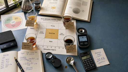 Coffee Academy hero image illustrating Coffee Concentration and Extraction Rate with specialty coffee equipment, brewing context, and educational detail.