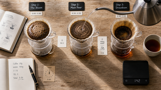 Coffee Academy hero image illustrating The 3-Step Guide to Brewing Delicious Hand Drip Coffee with specialty coffee equipment, brewing context, and educational detail.