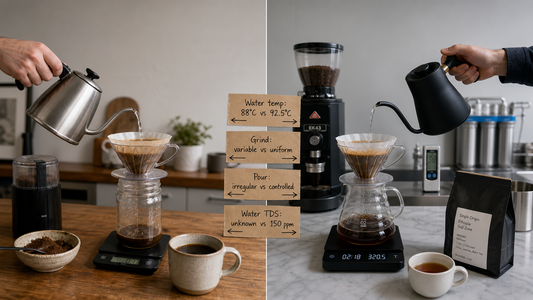 Coffee Academy hero image illustrating Why Does Homemade Pour-over Coffee Taste So Different from a Coffee Shop? with specialty coffee equipment, brewing context, and educational detail.