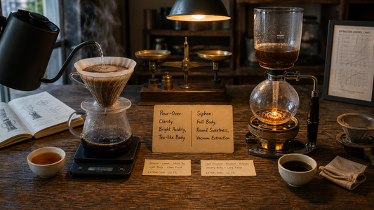 Coffee Academy hero image illustrating Should You Drink Siphon or Pour-Over Coffee? with specialty coffee equipment, brewing context, and educational detail.