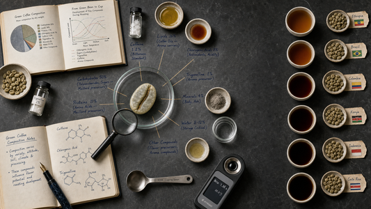 Coffee Origins hero image illustrating What Components Make Coffee Taste Great? Unveiling the Secrets of Green Coffee Beans with origin coffee context, beans, processing detail, and educational visual cues.