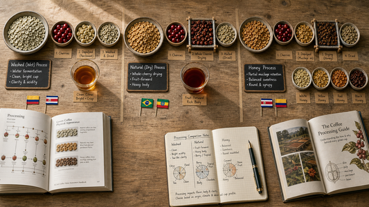 Coffee Origins hero image illustrating Three Major Coffee Processing Methods with origin coffee context, beans, processing detail, and educational visual cues.