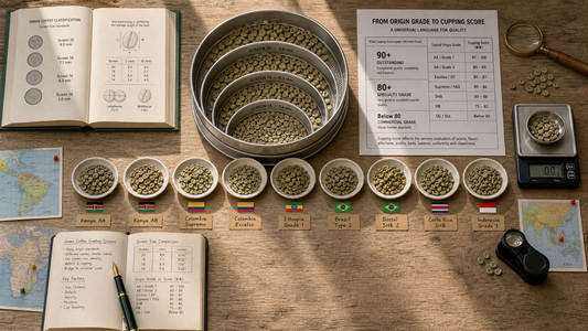 Coffee Origins hero image illustrating Coffee Bean Grading Systems (Part 1) with origin coffee context, beans, processing detail, and educational visual cues.