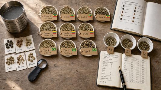 Coffee Origins hero image illustrating Coffee Bean Grading Systems (Part 2) with origin coffee context, beans, processing detail, and educational visual cues.