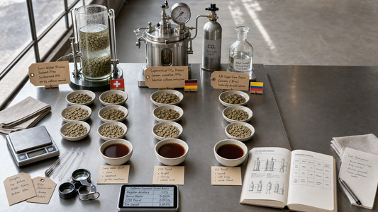 Coffee Origins hero image illustrating Decaffeinated Coffee with origin coffee context, beans, processing detail, and educational visual cues.