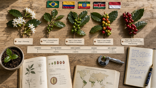 Coffee Origins hero image illustrating Coffee Cultivation and Growth Stages with origin coffee context, beans, processing detail, and educational visual cues.