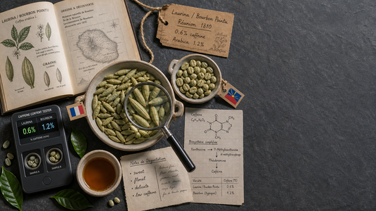 Coffee Origins hero image illustrating Naturally Low-Caffeine Coffee with origin coffee context, beans, processing detail, and educational visual cues.