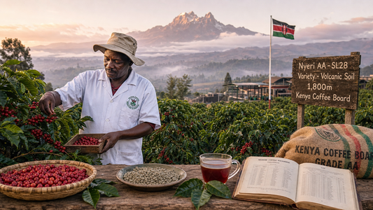 Coffee Origins hero image illustrating Kenyan Coffee Beans with origin coffee context, beans, processing detail, and educational visual cues.