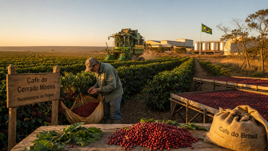 Coffee Origins hero image illustrating Brazilian Coffee Beans with origin coffee context, beans, processing detail, and educational visual cues.