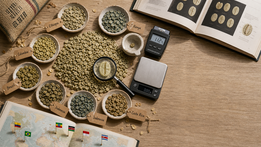 Coffee Origins hero image illustrating Green Coffee Beans with origin coffee context, beans, processing detail, and educational visual cues.