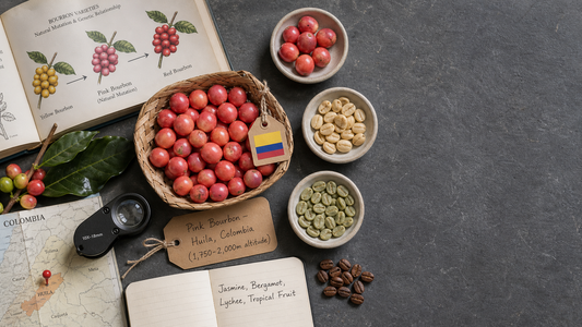 Coffee Origins hero image illustrating Pink Bourbon Coffee with origin coffee context, beans, processing detail, and educational visual cues.