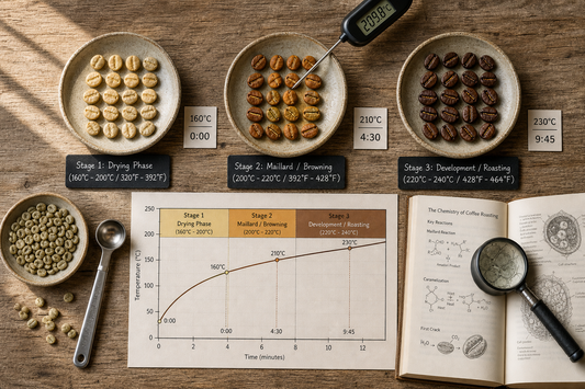 Three stages of coffee roasting triptych with drying, Maillard browning, development beans, roast curve, and temperature labels.