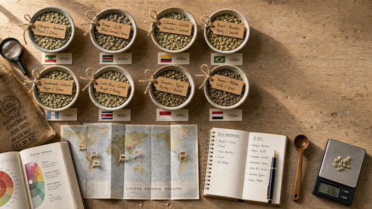 Green coffee origin selection guide with regional bean samples, world map, notes, scale, and cupping spoon.