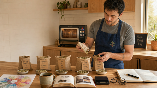 Home coffee roaster comparing green coffee bean sample bags at a sunlit kitchen counter with tasting notes.