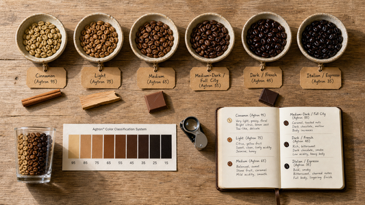 Coffee roast level comparison with labeled bowls, Agtron references, tasting notes, and progressive bean color changes.