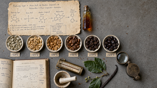 Maillard reaction coffee chemistry flat lay showing bean color stages, reaction equation, thermometer, and parchment notes.