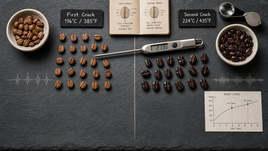 First crack and second crack coffee bean comparison with temperature labels, roast curve, loupe, and thermometer.