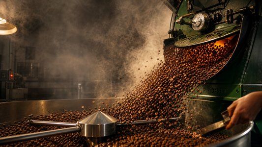 Freshly roasted coffee beans cascading from a commercial roaster into a steaming cooling tray.