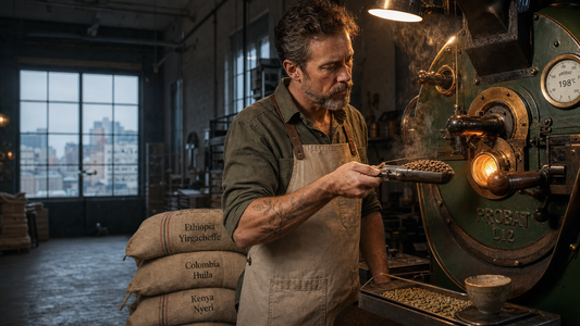 Master roaster pulling a trier sample from a vintage Probat drum roaster with glowing cinnamon-tan beans.