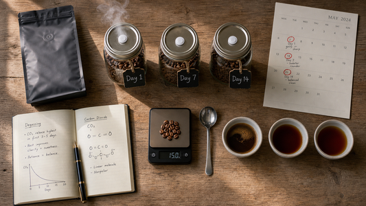 Freshly roasted coffee beans resting in labeled degassing jars with one-way valves, cupping bowls, and roastery journal.