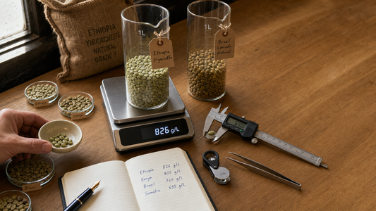 Green coffee density quality-control bench with digital scale, volumetric cylinders, origin samples, and roastery notes.