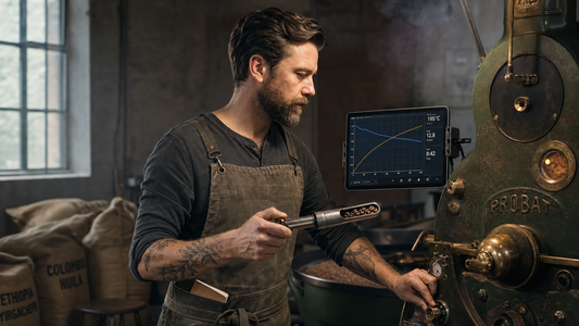 Master roaster adjusting a Probat drum roaster while reading rate-of-rise roasting curves on a tablet.