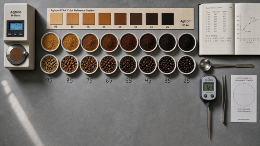 Agtron roast degree comparison with ground coffee samples, whole beans, color tiles, spectrophotometer, and lab notes.