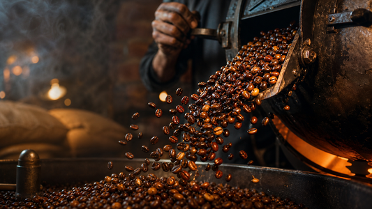 Fruit-forward roasted coffee beans tumbling from a drum roaster cooling tray in a warm artisan roastery.