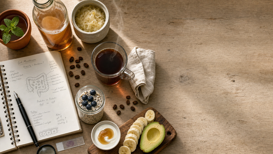 Morning coffee and gut microbiome research flat lay with fermented foods, oats, yogurt, notebook, and science tools.