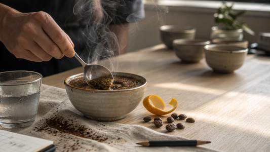Coffee aroma cupping scene with fresh grounds, steam, and aroma reference ingredients for sensory education.