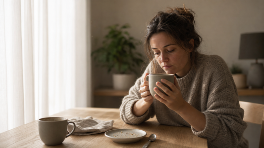 A weary person staring into a coffee mug in soft morning light — coffee that doesn't seem to wake them up anymore.
