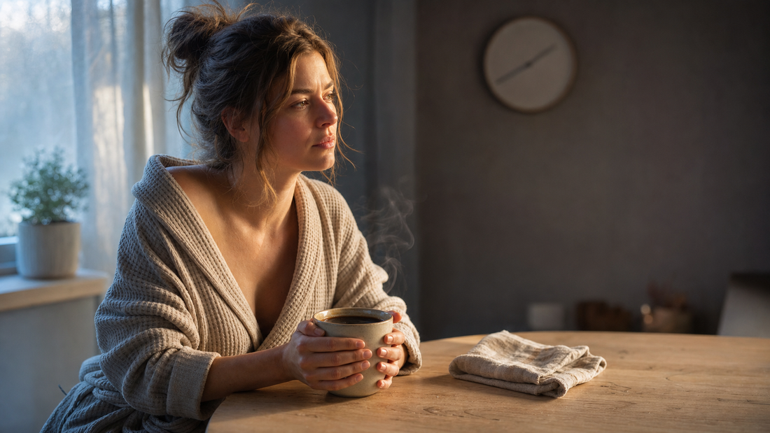 A just-woken person by a window in soft dawn light, holding a plain mug of coffee, wondering whether to wait.