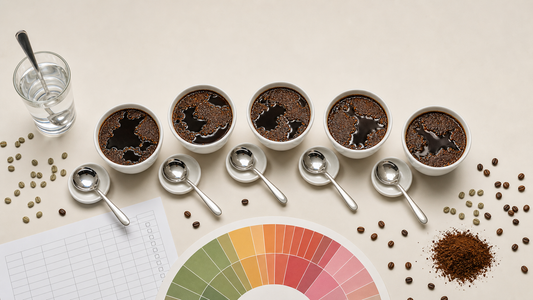 Coffee cupping table flatlay: white bowls, spoons, a score sheet, raw and roasted beans and a flavor wheel card.