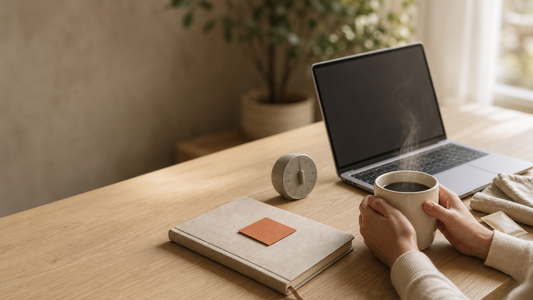 A pair of hands cradling a steaming mug at a tidy home-office desk in soft morning light — the work-from-home coffee ritual.