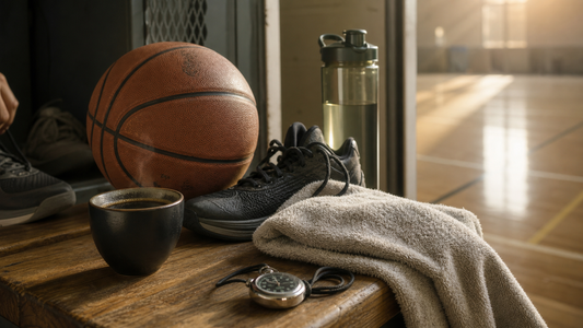 Pre-training scene with black coffee, basketball, training shoes, towel, water bottle, and morning court light.