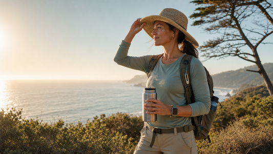 Sun-aware coastal hike pause with coffee thermos, wide-brim hat, UPF shirt, ocean horizon, and golden-hour trail light.